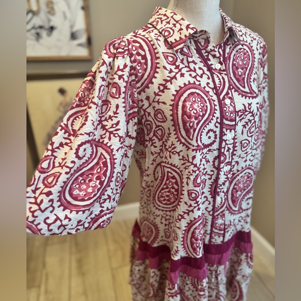 NWT! SHE + SKY Berry and Cream Paisley Poof Sleeve Midi Dress - Picture 5 of 10